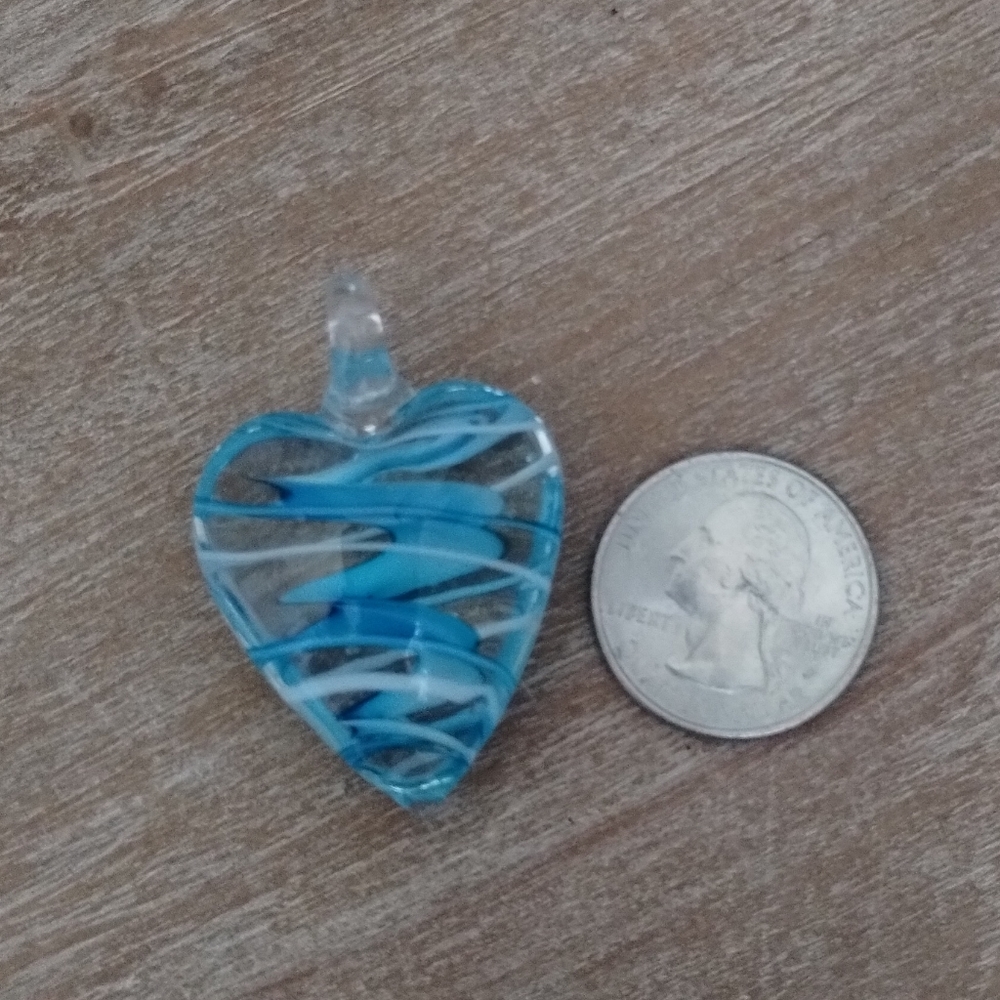 Hand Blown Glass Heart Pendant Blue Swirls 1.5" - Picture 2 of 7
